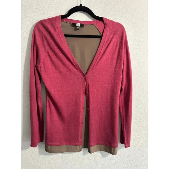 Saks Fifth Avenue Cashmere and Silk Cardigan Rose Pink and Brown Sweater Size M - Picture 3 of 8